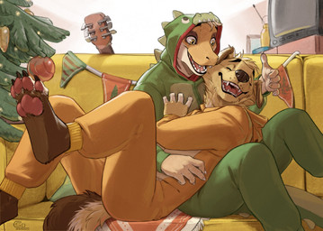 anthro barefoot brown_body brown_fur christmas_tree claws clothing cuddling duo eyes_closed feet fur furniture happy holidays inside kigurumi logo male musical_instrument on_sofa onesie open_mouth open_smile pawpads paws plant sitting sitting_on_sofa smile sofa string_instrument tail tan_body tan_fur teeth toe_claws tree yellow_eyes spiritinchoco christmas canid canine canis domestic_dog lizard mammal reptile scalie artist_logo digital_media_(artwork) hi_res