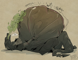 abdominal_bulge anthro belly big_belly black_body burp_cloud burping huge_belly lying male male_pred multiple_prey on_back rumbling_stomach same_size_vore vore sharpt00th mythology dragon mythological_creature mythological_scalie scalie