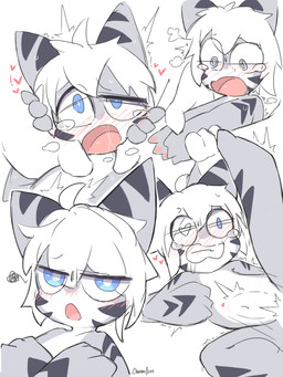 anthro blue_eyes blush bodily_fluids crying duo fin grey_body hair heart_symbol looking_at_viewer male open_mouth pawpads simple_background tail tears tongue white_body white_hair cheesefries changed_(video_game) tiger_shark_(changed) aquatic canid canine fish mammal shark 3:4 absurd_res hi_res