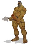 axe balls bodily_fluids body_hair cum fangs genital_fluids genitals hairy_balls male melee_weapon muscular muscular_male penis red_eyes solo teeth weapon suchmim humanoid orc absurd_res alternate_version_at_source hi_res