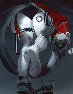 4_toes anthro clothing feet footwear green_eyes jacket looking_at_viewer plantigrade question_mark red_clothing red_jacket red_topwear shoes socks soles solo toes topwear underwear angiewolf domestic_cat felid feline felis mammal 2022