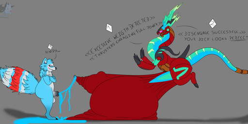 anthro attribute_theft balls balls_expansion big_balls big_penis blue_body blue_cum blue_fur bodily_fluids claws colored_cum cum cum_from_penis dialogue duo expansion finger_claws fur genital_expansion genital_fluids genitals genitals_shrinking glowing glowing_cum grey_background grey_body grey_fur growth huge_balls huge_penis hyper hyper_balls hyper_genitalia hyper_penis leaking_cum logo long_tail looking_at_another male male/male multicolored_tail open_mouth penis penis_shrinking purple_sclera red_body red_fur saggy_balls scrotum_flap shadow simple_background size_theft tail text toe_claws unusual_bodily_fluids unusual_cum unusual_genital_fluids leskarmory nintendo pokemon future_pokemon generation_9_pokemon legendary_pokemon miraidon paradox_pokemon pokemon_(species) ultimate_mode_miraidon 2026 absurd_res artist_logo english_text hi_res