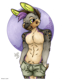 anthro bottomwear brown_hair clothed clothing fur green_body green_fur green_sclera grey_body grey_fur hair inner_ear_fluff looking_at_viewer male multicolored_hair nipples purple_body purple_fur purple_hair shorts smile solo tan_body tan_fur topless tuft two_tone_hair michele_light hare lagomorph leporid mammal 2023 traditional_media_(artwork)