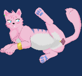 animal_genitalia animal_vulva bell belly black_nose bloated blue_eyes blue_pawpads blue_stripes blush bore breathing canine_genitalia canine_vulva chest_tuft ear_piercing ear_stud female feral genitals gold_cuff hair looking_back lying on_side pawpads piercing pink_hair pointy_ears presenting presenting_belly presenting_vulva snaggle_tooth spread_legs spreading stripes tail tail_mouth tuft unusual_anatomy unusual_tail vulva white_belly vorochi chimera cougar felid feline mammal animated low_res