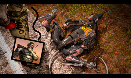 3_fingers 3_toes ambiguous_feral ambiguous_gender armor black_bars black_body claws confusion digitigrade duo featureless_crotch feet feral fingers glistening glistening_body glowing glowing_eyes gradient_sky grass grey_tail hand_on_hip high-angle_view knife long_tail looking_down looking_down_at_another lying lying_on_ground machine male male_human on_back on_ground on_model open_mouth orange_sky outside paw_pose plant pose question_mark red_eyes road sky spread_legs spreading standing sunset tail teeth toes tongue tongue_out zelyonka konami metal_gear metal_gear_rising:_revengeance platinumgames blade_wolf jetstream_sam canid canine human mammal robot robot_feral 3d_(artwork) absurd_res digital_media_(artwork) hi_res letterbox source_filmmaker_(artwork) watermark