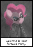 black_border black_clothing blue_eyes border clothed clothing cosplay eyewear female fur hair looking_at_viewer outside pink_body pink_fur pink_hair raining solo sunglasses text c0nnerc00n capcom friendship_is_magic hasbro my_little_pony resident_evil albert_wesker pinkie_pie_(mlp) earth_pony equid equine horse mammal pony 2011 crossover english_text