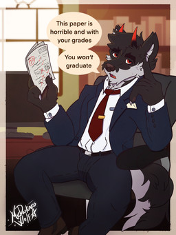 accessory anthro chair clothing coat diamond_eyes disappointed furniture grades male necktie office office_chair proffessor red_eyes solo speech_bubble spread_legs spreading suit text topwear mrdarknesswolf dantalos canid canine canis demon hybrid mammal wolf 3:4 absurd_res english_text hi_res