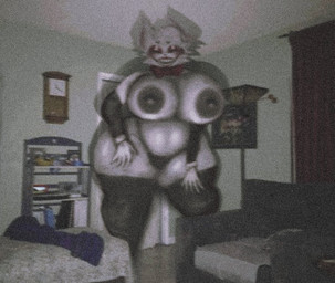 analog_horror anthro armwear big_breasts bikini bikini_bottom breasts building clothing creepy dark_room eyeshadow female female_focus flashlight fur grin house huge_breasts legwear makeup nightmare_fuel sharp_teeth smile swimwear teeth teratophilia thick_thighs thigh_highs toothy_grin two-piece_swimsuit white_body white_fur guhg_kemonowo boy_kisser_(meme) silly_cat_(mauzymice) felid feline mammal monster 2025 adversarial_noise meme mixed_media