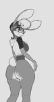 anthro big_breasts big_butt big_ears bottomless breasts buckteeth butt clock clothed clothing eyewear female glasses jackets short_tail small_waist smile solo tail teeth thick_thighs watch conditional_dnp daserfomalhaut lagomorph leporid mammal rabbit greyscale monochrome