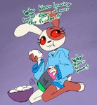 2024 anthro bowl child clothing container dialogue digital_media_(artwork) eating egg electronics english_text female five_nights_at_freddy's food game_console holding_console holding_food holding_object lagomorph leporid mammal nintendo nintendo_switch purple_background rabbit red_eyes roommates:motha scottgames simple_background solo soulcentinel sweater switch_console text topwear vanny_(fnaf) young young_anthro young_female