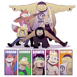 2_horns anthro armpit_hair black_hair blonde_hair body_hair bottomwear checkered checkered_bottomwear checkered_clothing clothed clothing cute_fangs electronics eyes_closed fangs fist footwear front_view fur gesture group hair hand_gesture hat headgear headphones headwear holding_headphones horn kneeling male nipples one_eye_closed orange_body orange_fur overbite overweight pants pattern_bottomwear pattern_clothing posing_for_the_viewer raised_arm shadow shirt shoes simple_background smile spread_arms standing tank_top teeth text text_on_clothing tongue tongue_out topwear v_sign white_background wink yellow_body t0l0k mario_bros nintendo azz_(t0l0k) bowen_(t0l0k) fordan_(t0l0k) konnor_(t0l0k) slayton_(t0l0k) bovid canid canine caprine dragon_koopa fox goat koopa koopa_troopa mammal scalie sledge_bro 1:1 character_name hi_res