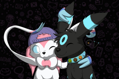 ambiguous_gender black_body black_fur blue_eyes bow_ribbon clothing collar duo ear_markings eyes_closed facial_markings feral front_view fur happy hat head_markings headgear headwear love markings nuzzling pattern_background pink_body pink_fur ribbons simple_background smile white_body white_fur garyvice nintendo pokemon telegram vee_(vee) vivi_(garyvice) eeveelution generation_2_pokemon generation_6_pokemon pokemon_(species) shiny_pokemon sylveon umbreon 3:2 hi_res male_(lore)