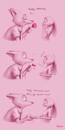 anthro anthro_on_anthro clothed clothing dialogue duo eating eating_flower ellipsis exclamation_point female flower fur holding_object holidays humor interrobang interspecies male pink_background plant rose_(flower) simple_background smile text s1m disney valentine's_day zootopia judy_hopps nick_wilde canid canine european_rabbit fox lagomorph leporid mammal oryctolagus rabbit red_fox true_fox 2020 absurd_res english_text hi_res monochrome pink_theme restricted_palette