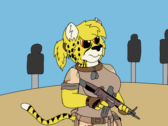 anthro assault_rifle camo camo_clothing camo_print clothing collar desert dog_tags female fur gun markings military pattern_clothing ranged_weapon rifle shooting_range solo spots spotted_body spotted_fur weapon yoruba brutus_airsoft cheetah felid feline mammal 4:3