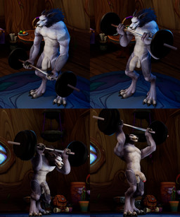 anthro balls foreskin fur genitals green_eyes grey_body grey_fur humanoid_genitalia humanoid_penis inside male nude penis solo weights nuber blizzard_entertainment warcraft canid canine canis mammal werecanid werecreature wolf worgen 3d_(artwork) absurd_res comic digital_media_(artwork) hi_res