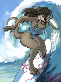 5_toes anthro barefoot black_nose blue_clothing blue_swimwear breasts brown_body brown_eyes brown_fur brown_hair claws clothed clothed_anthro clothed_female clothing collarbone eyebrows eyelashes feet female finger_claws fur hair humanoid_feet long_hair one-piece_swimsuit plantigrade smile solo sport_swimsuit standing surfboard surfing swimwear toe_claws toes water wave novery nat_(mykegreywolf) mammal mustelid otter hi_res