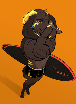 brown_body brown_fur bulge clothed clothing ear_piercing ear_ring fur gesture hand_gesture horn male perspective piercing pointing pointing_up ring_piercing solo surfboard topless topless_male yellow_eyes yellow_horn terryskaii wahmu_lofty bovid caprine goat mammal hi_res