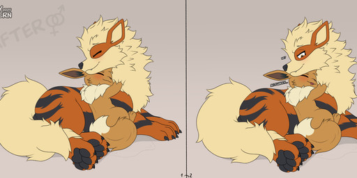 blush bodily_fluids brown_body brown_fur dialogue duo feral fur hair open_mouth simple_background stated_age tail text whyvern nintendo pokemon arcanine canid canine eevee generation_1_pokemon mammal pokemon_(species) 2025 absurd_res digital_media_(artwork) hi_res
