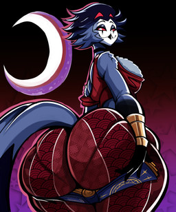 anthro beak big_butt bottomwear butt butt_focus clothed clothing female fur grimoire hair huge_butt looking_at_viewer looking_back male presenting presenting_hindquarters rear_view red_eyes smile solo tail thick_thighs wide_hips doeswhatever forbidden_pants hellaverse helluva_boss stolas_(helluva_boss) avian bird demon owl owl_demon 2026 absurd_res digital_media_(artwork) hi_res