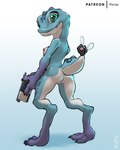 2024 amphibian anthro blue_body breasts butt conditional_dnp female frog gecko gun jazz_(heart_electric) lizard looking_at_viewer looking_back nipples pyriax ranged_weapon rear_view reptile scalie short_tail smile solo standing tail three-quarter_view weapon