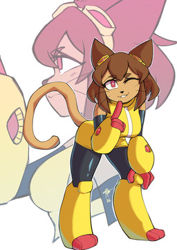 anthro breasts brown_hair butt clothing female hair mechanical_arm short_hair smile solo tail teeth corviwing gameoverse glitch_productions kit_bodega domestic_cat felid feline felis mammal hi_res