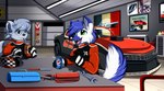 anthro bendy_straw car drinking drinking_straw eyewear female fur glasses juice_can male multicolored_body multicolored_fur open_mouth product_placement race_car tools vehicle workshop wrench pridark fanta pepsi canid canine fox mammal mustelid otter 2022 absurd_res digital_media_(artwork) hi_res