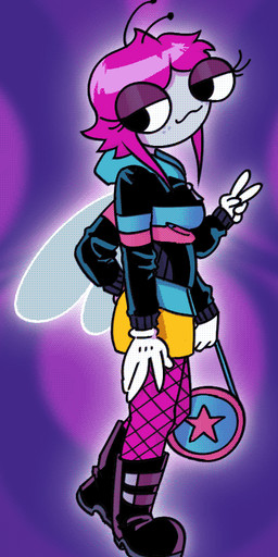 4_arms antennae_(anatomy) anthro big_eyes black_boots black_clothing black_eyes black_footwear black_jacket black_topwear boots bottomwear clothing female footwear freckled_face freckles gloves grey_body grey_skin hair handwear insect_wings jacket multi_arm multi_limb orange_bottomwear orange_clothing orange_skirt pink_clothing pink_footwear pink_hair pink_socks purple_background shoes simple_background skirt socks solo topwear white_clothing white_gloves white_handwear wings anonymous_artist disney scott_pilgrim_(series) scott_pilgrim_vs._the_world the_buzz_on_maggie maggie_pesky ramona_flowers arthropod fly_(animal) insect