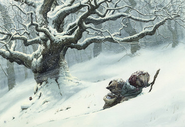 ambiguous_gender anthro brown_body brown_fur detailed_background duo forest fur grass holding_object holding_staff hood outside plant snow snow_on_trees snowing staff tree walking chris_dunn eulipotyphlan hedgehog mammal 2015 traditional_media_(artwork)