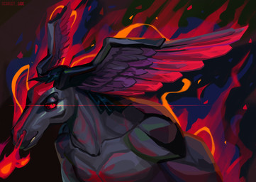 anthro black_body black_hair breath_powers elemental_manipulation feathers fire fire_breathing fire_from_nose fire_manipulation hair head_wings male markings muscular muscular_anthro muscular_male nude open_mouth original_design purple_body purple_feathers red_body red_eyes red_feathers red_markings red_wings smile smirk solo teeth unusual_wing_placement wings scarlet_side equid equine horse mammal 2026 digital_drawing_(artwork) digital_media_(artwork) hi_res portrait