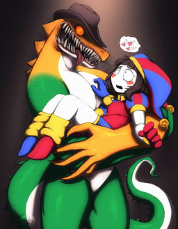 5_fingers anthro bodily_fluids bridal_carry candy carrying_another carrying_partner casual_nudity clothed clothing confusion cowboy_hat creepy creepy_face creepy_smile dessert drooling duo female fingers food footwear gloves hair hand_on_chest handwear hat headgear headwear heart_symbol holding_another holding_partner horror_(theme) jester larger_male looking_at_another looking_at_partner male male/female multicolored_body nervous open_mouth orange_eyes pecs pupils question_mark saliva scaled scared scary sharp_teeth shoes short_hair simple_background size_difference slit_pupils smaller_female smile standing sweat sweatdrop tail teeth thought_bubble thoughts tongue tongue_out wide_eyed pepurroni glitch_productions the_amazing_digital_circus evil_gummigoo_(tadc) gummigoo_(tadc) pomni_(tadc) alligator alligatorid crocodilian food_creature humanoid living_candy reptile scalie 2026 hi_res shaded watermark