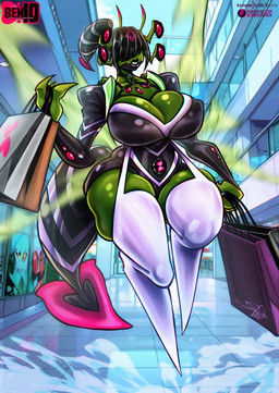 4_eyes big_breasts black_hair breasts clothed clothing crossgender female green_body hair huge_breasts multi_eye nipple_outline pink_eyes shirt solo topwear white_clothing white_shirt white_topwear wings bluewolfartista ben_10 cartoon_network chaquetrix stinkfly alien alien_humanoid arthropod humanoid lepidopterran_(ben_10) digital_media_(artwork) hi_res