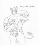 anthro big_muscles biped bottomwear clothed clothing front_view grin horn inviting looking_at_viewer male muscular muscular_anthro muscular_male nipple_piercing nipples open_bottomwear open_clothing open_pants pants partially_clothed piercing smile solo standing tail text undressing tkc2021 bovid bovine cattle mammal english_text monochrome sketch