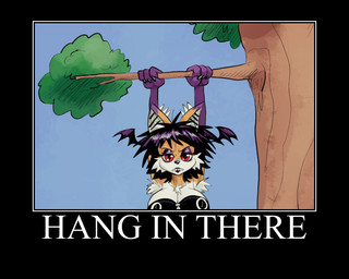 alternative_fashion anthro armpit_tuft black_border blue_sky border cheek_tuft chest_tuft clothed clothing ear_piercing eyeshadow facial_tuft female fur goth hair hanging_from_branch hanging_on head_wings industrial_piercing industrial_piercing_ladder looking_at_viewer makeup motivational_poster orange_body orange_fur piercing plant purple_body purple_eyeshadow purple_fur purple_hair red_eyes sky solo text topwear tree tube_top tuft unimpressed unusual_wing_placement white_body white_fur white_text wings boker hang_in_there laura_derose bat-eared_fox canid canine fox mammal 5:4 digital_media_(artwork) english_text