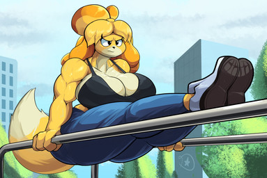 anthro big_breasts breasts cleavage clothed clothed_anthro clothed_female clothing exercise exercise_clothing female female_anthro fluffy fluffy_tail fur huge_breasts huge_hips muscular muscular_anthro muscular_female solo tail thick_thighs wide_hips yellow_body yellow_fur dreamerknight animal_crossing nintendo isabelle_(animal_crossing) canid canine canis domestic_dog mammal shih_tzu toy_dog 2023 absurd_res digital_media_(artwork) hi_res