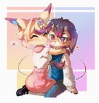 absurd_res anthro black_hair blonde_hair blue_body blue_fur blush bow_tie brown_body brown_fur canid canine canis clothed clothing demon domestic_dog dragon dress duo eyewear female floppy_ears fur glasses hair heart_symbol hi_res horn hug hybrid jopperseyin lagomorph leporid long_tail lop_ears male male/female mammal mythological_creature mythological_scalie mythology oran_samevb purple_body purple_fur purple_hair rabbit red_eyes red_hair romantic romantic_couple scalie sitting smile su_li_si_(jopperseyin) tail yellow_body yellow_fur yenny_brown_(jopperseyin) young