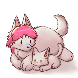 anthro duo female feral fur grey_body grey_fur hair male male/female pink_hair simple_background size_difference white_background young young_feral arrier_jewolf mau_makan_apa exoworo gix_busok 1:1 hi_res