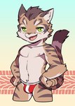 anthro bulge clothed clothing countershade_face countershade_fur countershade_torso countershading fur green_eyes jockstrap jockstrap_only kemono looking_at_viewer male open_mouth open_smile shota smile smiling_at_viewer solo tail topless underwear underwear_only young young_anthro oouyuki_benten nekojishi studio_klondike shu-chi felid feline leopard_cat mammal prionailurus