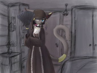 accessory alternative_fashion anthro bed_sheet bedding birdcage bite black_clothing black_dress blue_eyes bracelet breasts brown_hair cabinet chandelier choker cleavage_cutout closet clothing cutout door dress duo ear_piercing ear_ring eye_patch eyewear female feral flower fur gold_(metal) gold_jewelry goth grey_body grey_fur hair hair_accessory hairclip hand_fan inner_ear_fluff interior_background jewelry necklace perching piercing plant plant_pot ring ring_piercing rose_(flower) tail tuft victorian_goth white_body white_fur y3i mae_(y3i) avian bird corvid corvus_(genus) crow domestic_cat felid feline felis mammal oscine passerine 4:3 absurd_res hi_res