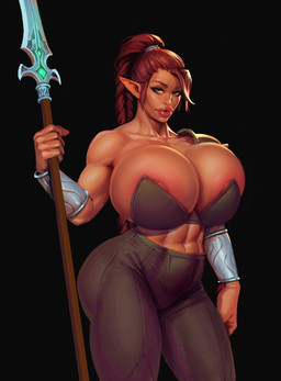 abs areola armor big_breasts bottomwear bra bracers breasts cleavage clothed clothing female huge_breasts humanoid_pointy_ears lips melee_weapon muscular muscular_female navel nipple_slip nipples pants pointy_ears polearm side_boob solo spear strapless_bra strapless_clothing strapless_underwear thick_lips underwear weapon boobsgames elf humanoid absurd_res hi_res