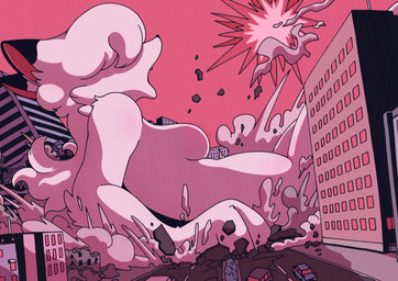 anthro black_ears breasts city_destruction covered_eyes destruction extreme_size_difference featureless_breasts fell_down female hair lying macro macro_female on_back open_mouth pink_inner_ear pink_sky size_difference sky vehicle white_body white_hair doover80s marie_(doover80s) canid canine fox mammal hi_res