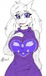 2016 anthro big_breasts boss_monster_(undertale) bovid breasts caprine clothed clothing female fur hi_res huge_breasts mammal mature_anthro mature_female purple_eyes robe simple_background smile solo toriel undertale undertale_(series) white_body white_fur zhengfox