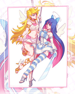 blonde_hair blue_hair clothing clothing_pull dancing duo feathered_wings feathers female hair holding_object holding_weapon panties panty_pull picture_frame pole pole_dancing pose simple_background skindentation underwear underwear_pull weapon wings dragoumare panty_and_stocking_with_garterbelt panty_anarchy stocking_anarchy angel angel_humanoid humanoid 4:5 absurd_res hi_res pinup
