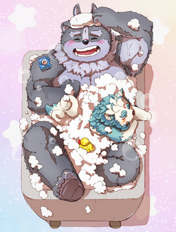 3_eyes anthro bath blush bubble_bath duo male multi_ear multi_eye overweight overweight_male pawpads rubber_duck size_difference tusks hijirinoyuta asian_mythology east_asian_mythology japanese_mythology lifewonders mythology tokyo_afterschool_summoners agyo_(tas) tsathoggua_(tas) foo_dog komainu mammal yokai hi_res