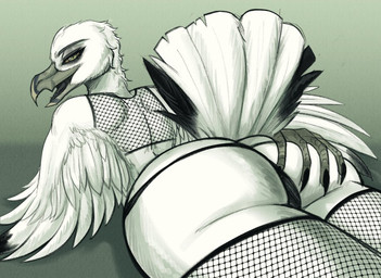 anthro big_butt butt butt_grab clothed clothing feathers fishnet_clothing fishnet_legwear hand_on_butt legwear looking_at_viewer male open_mouth simple_background smile solo tail thick_thighs thong underwear white_body white_feathers wide_hips gaiki avian bird gull lari larid digital_media_(artwork)