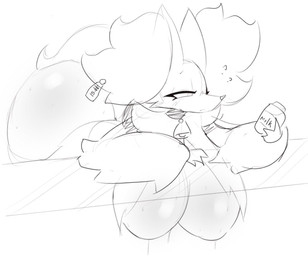 anthro big_breasts big_butt bottle breasts butt collar container cowbell ear_piercing ear_tag eyelashes female fur glistening glistening_body glistening_fur half-closed_eyes hanging_breasts holding_milk huge_breasts huge_butt implied_lactation milk_bottle milk_container narrowed_eyes piercing pokemorph simple_background solo white_background salchikokokoko nintendo pokemon delphox generation_6_pokemon pokemon_(species) hi_res sketch