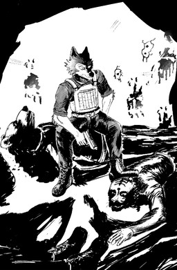 angry anthro armor belt blood bodily_fluids clothing corpse death facial_scar group gun holding_object holding_weapon ink male military_uniform ranged_weapon scar simple_background uniform weapon feed-of-mater beastars legoshi_(beastars) bear canid canine canis felid mammal pantherine tiger wolf hi_res monochrome