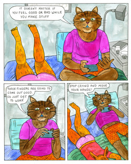 ambiguous_gender anthro boxers_(clothing) cellphone clothing dialogue duo electronics feet green_eyes holding_cellphone holding_object holding_phone holding_smartphone humanoid_feet humanoid_hands lying male on_back on_front orange_boxers orange_clothing orange_underwear phone plantigrade purple_clothing purple_shirt purple_topwear red_clothing red_shirt red_topwear shirt smartphone soles speech_bubble text topwear underwear whiskers lisa_hanawalt deer domestic_cat felid feline felis mammal moose new_world_deer 4:5 comic english_text hi_res traditional_media_(artwork) female_(lore)