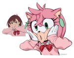 bow_ribbon clothing collared_shirt cosplay ear_piercing eyelashes female fur gloves handwear long_sleeves open_mouth piercing pink_body pink_fur school_uniform shirt simple_background solo sweater topwear uniform upper_body white_background kiikoi11 dandadan sega sonic_the_hedgehog_(series) amy_rose momo_ayase eulipotyphlan hedgehog human mammal 2024 hi_res reference_image