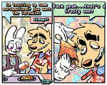 2_panel_comic 4_fingers abstract_background aloha_shirt anthro appliance blush blush_stickers candy cigarette clothing dessert dialogue duo eyelashes fingers food fur grin male marshmallow pattern_clothing pattern_shirt pattern_topwear profanity purple_eyes shirt smile stove teeth text tooth_gap topwear white_body white_fur yellow_body yellow_fur rawdawgcomics rawdawgcomics_(series) bingus_(rawdawgcomics) stahli_(rawdawgcomics) canid canine canis domestic_dog lagomorph leporid mammal rabbit 2025 5:4 artist_name comic digital_media_(artwork) english_text