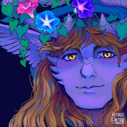 blue_body blue_skin brown_hair eyebrows feathers flower hair head_wings horn looking_at_viewer plant simple_background unusual_wing_placement vines wings yellow_eyes hermitollien humanoid hi_res signature